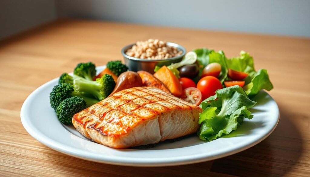 A beautifully arranged meal on a white ceramic plate, meticulously balanced with a variety of fresh, vibrant ingredients. In the foreground, a grilled salmon fillet glistens, accompanied by a colorful medley of steamed broccoli florets, roasted sweet potato wedges, and a garden salad with crisp lettuce, cherry tomatoes, and a light vinaigrette dressing. The middle ground features a small bowl of whole grain brown rice, complementing the protein and vegetables. The background showcases a minimalist, natural-toned setting, with a wooden table and a simple, yet elegant backdrop, creating a calming and inviting atmosphere. The lighting is soft and natural, casting a warm glow over the perfectly portioned, well-rounded and nutritious meal, reflecting the principles of a balanced diet.