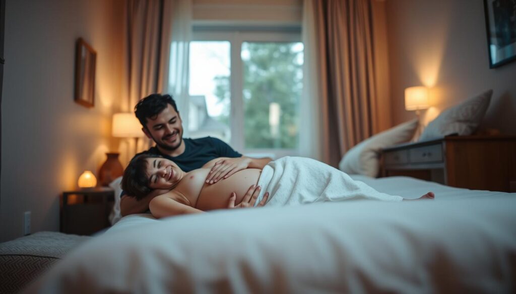 A cozy, dimly lit birthing room. In the foreground, a pregnant woman lying on a bed, supported by her partner and a doula, their faces radiating warmth and encouragement. The middle ground features a soothing ambiance, with soft lighting, plush pillows, and calming essential oil diffusers. In the background, a large window allows natural light to filter in, creating a serene and tranquil atmosphere. The overall scene conveys a sense of comfort, safety, and the nurturing support systems essential during the transformative experience of childbirth.