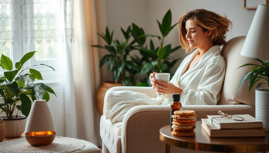 A cozy, inviting scene of a new mother engaged in self-care activities. In the foreground, a woman in a soft, cotton robe reclines on a plush armchair, a cup of herbal tea in hand. Gentle, natural lighting filters through lace-patterned curtains, casting a warm glow. In the middle ground, a soothing diffuser emits calming essential oils, while a stack of nourishing snacks and a journal await on a side table. The background features a serene, plant-filled nook, conveying a sense of tranquility and rejuvenation. The mood is one of comfort, relaxation, and the care a new mother takes to replenish her mind, body, and spirit.