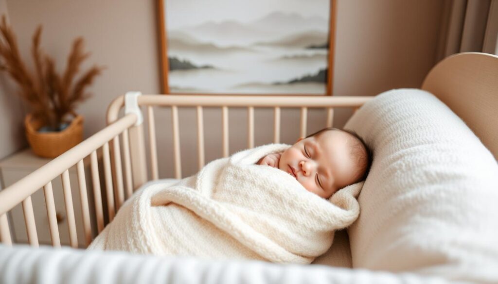 A cozy nursery scene with a serene newborn sleeping peacefully in a soft, neutral-toned crib. Warm, diffused lighting gently illuminates the infant's delicate features as they rest undisturbed, wrapped in a plush, organic blanket. The room is decorated with soothing, muted colors and natural textures, creating a tranquil, safe environment. In the background, a muted, abstract landscape painting adds depth and a calming ambiance. The composition is balanced, with the crib positioned centrally, emphasizing the importance of the newborn's safe and comfortable sleep.