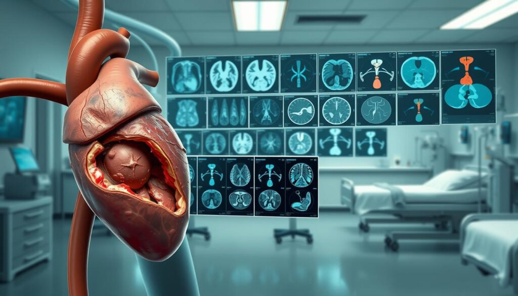 A detailed medical illustration showcasing common health complications. In the foreground, a close-up view of a damaged human organ, such as a diseased liver or a malfunctioning heart valve, rendered in high detail with an anatomically accurate appearance. In the middle ground, a series of diagnostic scans and medical imagery, including X-rays, MRI, and CT scans, highlighting various pathologies. The background features a clinical setting, with sterile medical equipment, hospital beds, and a muted color palette that conveys a sense of seriousness and professionalism. The lighting is soft and even, creating a sense of depth and dimensionality. The overall mood is one of scientific precision and medical expertise, reflecting the subject matter of the "Common Medical Complications" section.