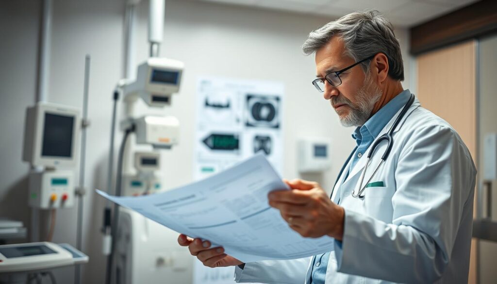 A medical professional carefully examining a patient's health records, meticulously analyzing any potential complications or issues. The scene is set in a well-lit, modern hospital room, with diagnostic equipment and medical charts visible in the background. The doctor's expression conveys a sense of focus and diligence, as they navigate the complexities of the patient's condition. The lighting is soft and natural, casting a warm, reassuring glow over the scene. The composition emphasizes the importance of early detection and proactive management of medical complications, guiding the viewer's attention to the critical decision-making process unfolding before them.