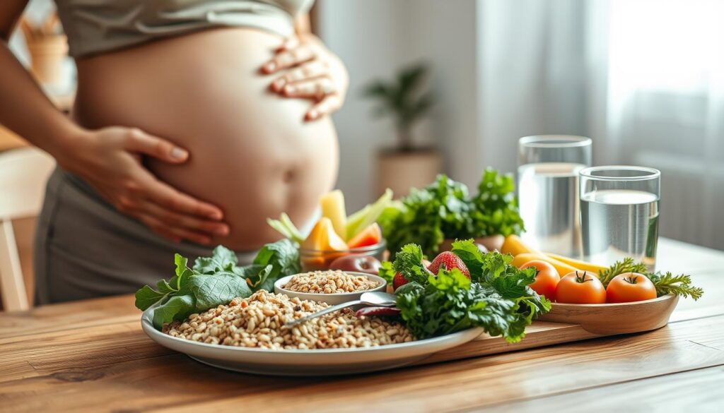 A nutritious meal with fresh vegetables, whole grains, and lean protein, artfully arranged on a wooden table. The scene is bathed in soft, natural light, creating a soothing, inviting atmosphere. In the foreground, a pregnant woman's hands gently caress her belly, conveying the nurturing connection between mother and child. The mid-ground features a variety of wholesome ingredients, including leafy greens, vibrant fruits, and a glass of water, symbolizing the importance of balanced nutrition during pregnancy. The background suggests a cozy, domestic setting, with a warm, earthy color palette and minimal, elegant decor, allowing the focus to remain on the nourishing meal and the mother's gentle care.
