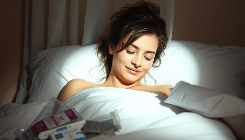 A serene, dimly lit bedroom scene captures a woman resting peacefully in bed, her face radiating a gentle glow. Soft, diffused light filters through sheer curtains, casting a warm, comforting atmosphere. The woman's face is framed by a cascade of tousled hair, conveying a sense of tranquility and recovery. In the foreground, medical supplies and postpartum care items are neatly arranged, symbolizing the care and attention she is receiving. The background features a muted, pastel-colored wall, adding to the soothing, calming ambiance. The overall composition suggests a moment of respite and healing, perfectly encapsulating the "Physical Healing After Birth" theme.