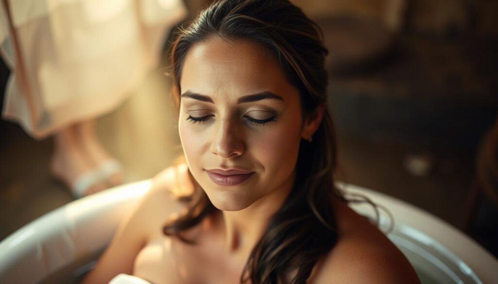 A serene, natural setting with a woman in the foreground, her face expressing calm focus as she undergoes the natural process of childbirth. Soft, diffused lighting illuminates her from above, casting a gentle glow. The background features a tranquil, earthy environment, perhaps a birthing tub or a peaceful outdoor scene, conveying a sense of harmony and connection to nature. The overall mood is one of empowerment, resilience, and the innate strength of the human body.