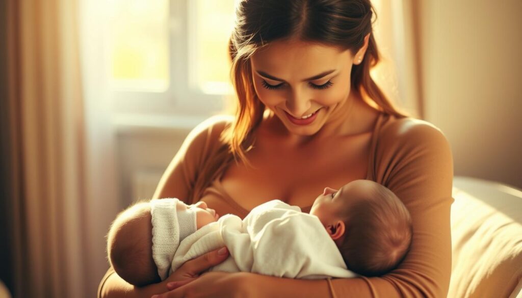 A warm, comforting scene of a mother breastfeeding her newborn baby. The pair is bathed in soft, natural light that filters through a window, casting a gentle glow on their faces. The mother's expression is one of tender love and nurturing, as she gazes down at her child, who is nestled contentedly in her arms. The background is blurred, allowing the viewer to focus on the intimate connection between mother and child. The composition is balanced and inviting, capturing the beauty and importance of breastfeeding support for new mothers during this special time.