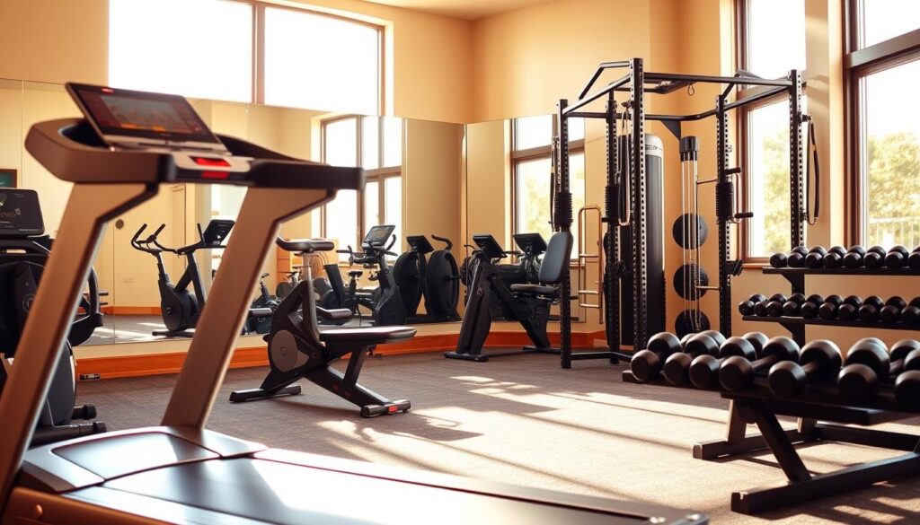 A well-equipped home gym with a variety of exercise equipment, bathed in warm, natural lighting. In the foreground, a sleek, modern treadmill and a sturdy weight bench with an assortment of dumbbells. In the middle, a high-quality stationary bike and a multi-functional power rack for strength training. In the background, a large mirror reflects the space, creating an illusion of depth, and a large window allows ample daylight to pour in, illuminating the scene. The overall atmosphere is one of a well-designed, functional, and inviting home workout space, perfect for a comprehensive fitness regimen.