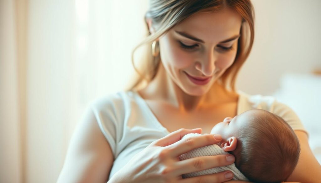 Warm, inviting scene of a mother breastfeeding her newborn child. Soft, natural lighting illuminates the intimate moment, drawing the viewer's attention to the tender connection between mother and baby. The mother's gaze is loving and attentive, her posture relaxed and nurturing. The baby's face is hidden, but its contentment is evident in the gentle suckling motion. The background is blurred, keeping the focus on the foreground and highlighting the importance of this bonding experience. The overall mood is one of comfort, safety, and the profound joy of new motherhood.
