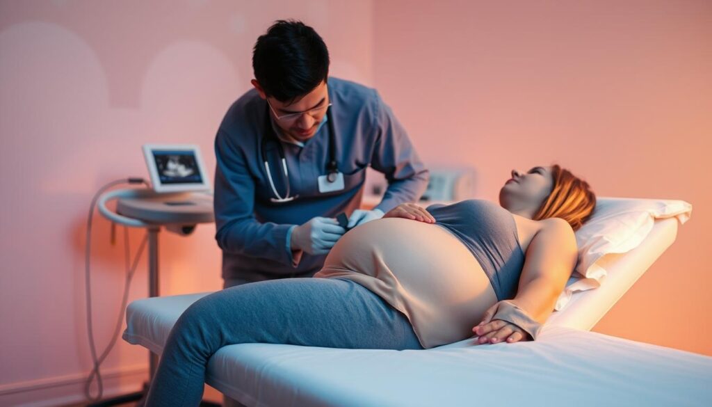 Warm, soft lighting illuminates a serene prenatal care scene. In the foreground, a pregnant woman lies comfortably on an examination table, her hands gently resting on her growing belly. A medical professional, their face obscured, leans in with a caring expression, conducting a gentle ultrasound. The middle ground features minimal, clean medical equipment and supplies, conveying a sense of professionalism and attentive care. The background depicts a soothing, pastel-toned room, with subtle, abstract shapes and patterns that evoke a calming, nurturing atmosphere. The overall mood is one of tranquility, safety, and the profound experience of pregnancy.