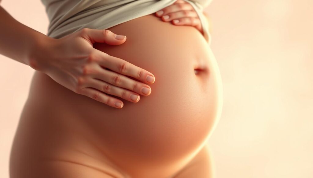a detailed, photorealistic illustration of the early signs of pregnancy during the first week, depicting a woman's hand gently resting on her lower abdomen, with a subtle glow and a faint, barely noticeable bump, set against a soft, pastel-colored background that evokes a sense of gentle anticipation and quiet joy, captured with a shallow depth of field and warm, natural lighting that highlights the tenderness of the moment