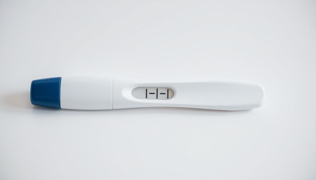 a pregnancy test lying on a clean, white surface, the test window displaying a clear positive result. The test is surrounded by a soft, diffused light, creating a sense of intimacy and significance. The background is blurred, allowing the test to be the focal point, drawing the viewer's attention to the moment of confirmation. The composition is balanced, with the test placed in the center, conveying a sense of clarity and decisiveness. The overall mood is one of anticipation, joy, and a new chapter in life's journey.