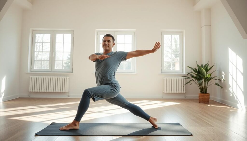 Person performing a yoga flow sequence in morning light