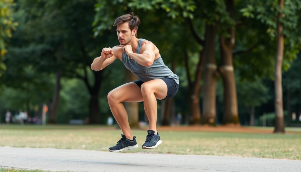 Person performing bodyweight exercises in a park setting