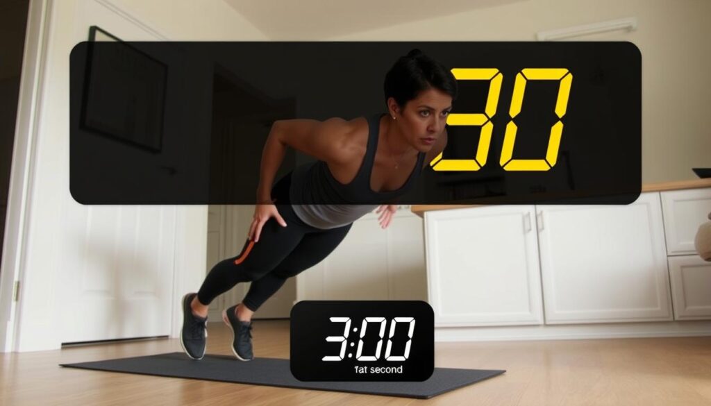Person performing burpees as part of a HIIT workout with a timer visible
