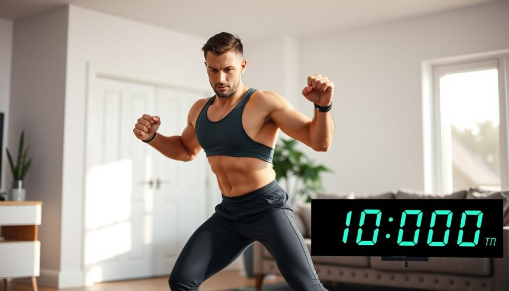 Person performing high-intensity interval training in a living room with a timer showing 10 minutes